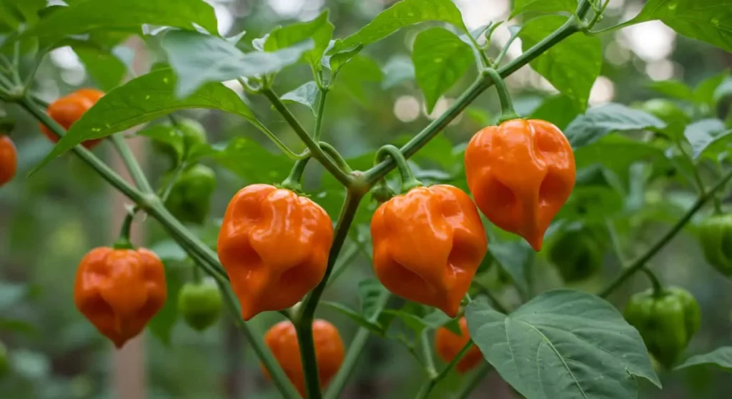 Healthy habanero plant with bright orange peppers and green leaves in a sunny garden setting.