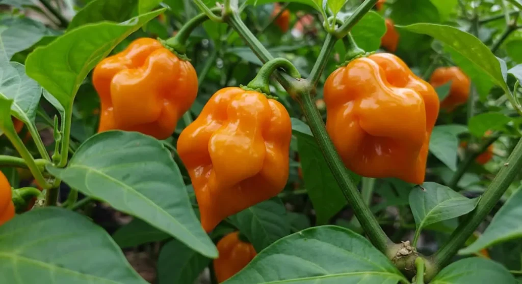 Close-up of a habanero plant with bright orange peppers and green leaves.