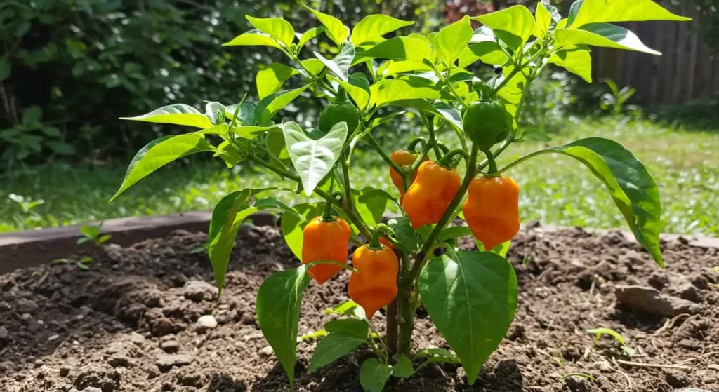 Healthy habanero plant growing in a sunny garden with emerging orange peppers.