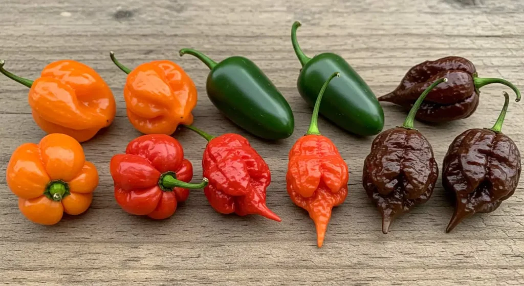 Comparison of habanero, jalapeño, cayenne, and ghost peppers on a wooden table.