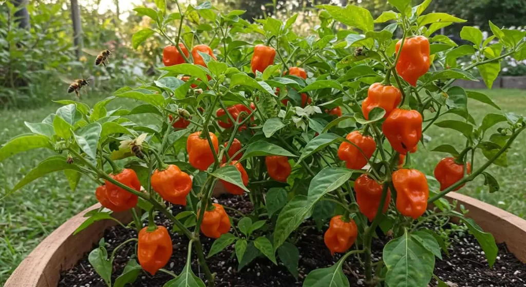 Habanero plants adding color and attracting pollinators in a diverse garden.