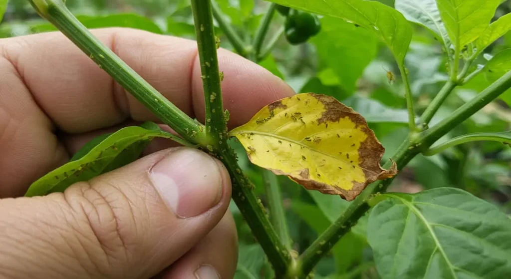 Habanero plant with yellow leaves and aphids being inspected by a gardener.