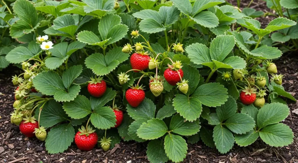 Everbearing strawberries growing in a sunny garden bed with ripe red berries.