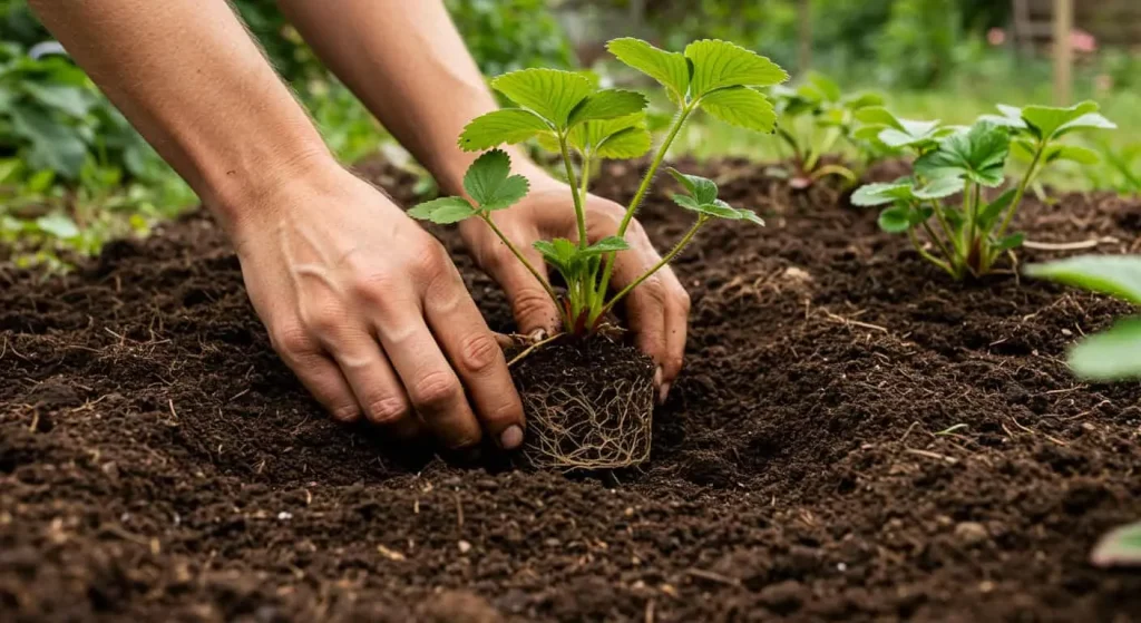 Hands planting bare-root everbearing strawberries in prepared garden soil