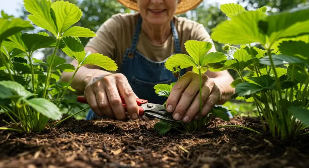 Gardener pruning everbearing strawberry plants to promote healthy growth.