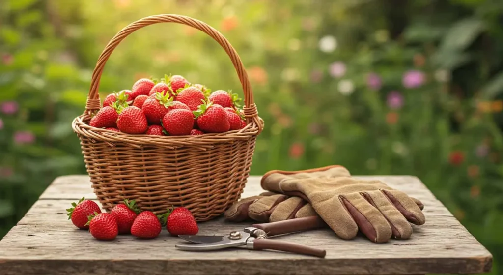 Basket of freshly harvested everbearing strawberries with gardening tools.