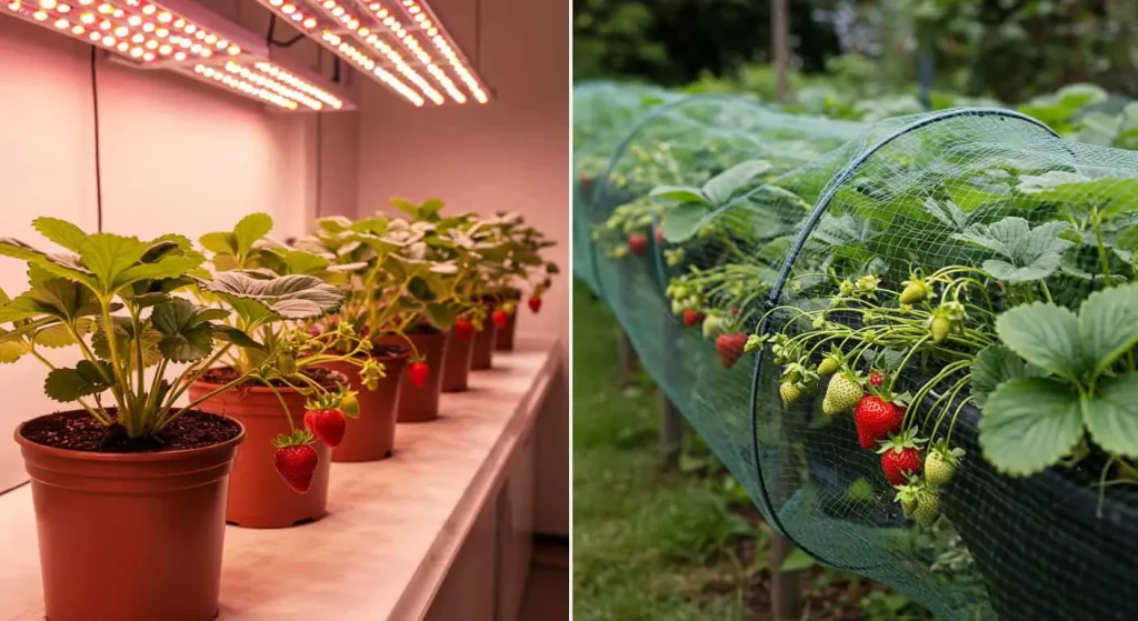 Indoor potted everbearing strawberries under grow lights and outdoor plants protected by bird netting.