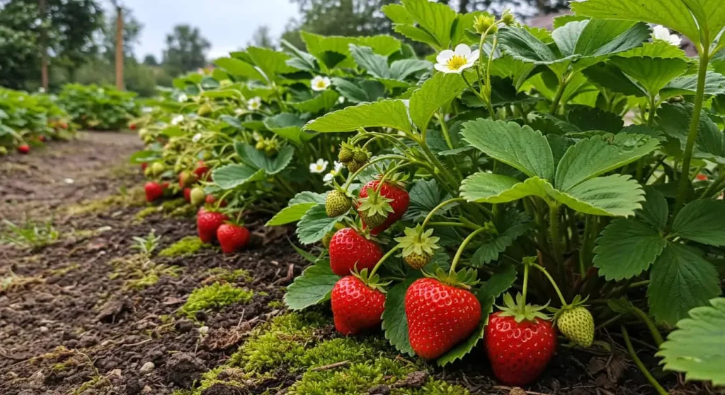 Everbearing strawberry plants in a sunny garden with ripe red berries ready for harvest