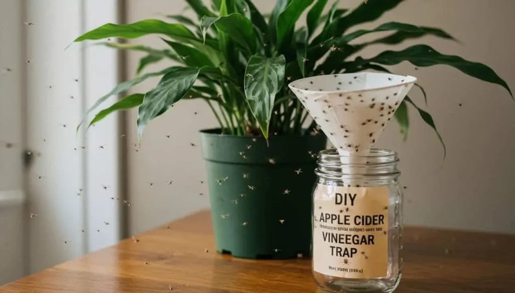 DIY apple cider vinegar trap next to a potted houseplant with gnats flying nearby, demonstrating how to get rid of gnats naturally.