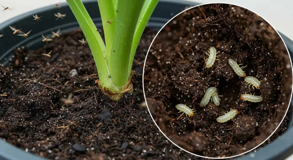 Close-up of gnat larvae in moist soil near a houseplant, highlighting the cause of gnat infestations.