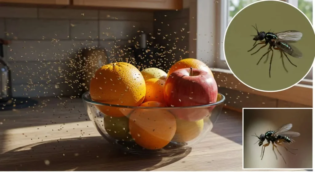 Tiny gnats hovering around a bowl of fruit on a kitchen counter, illustrating common signs of a gnat infestation.