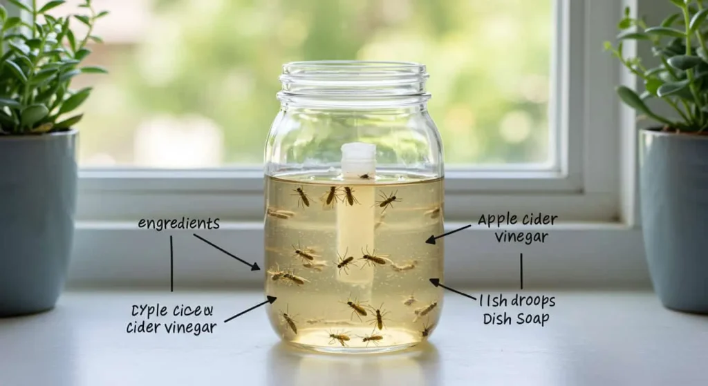 DIY apple cider vinegar trap with trapped gnats, demonstrating a natural way to eliminate these pests.