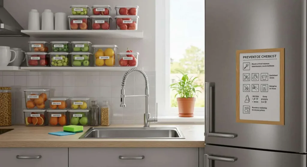 Clean kitchen with sealed containers and dry plant soil, illustrating gnat prevention strategies.