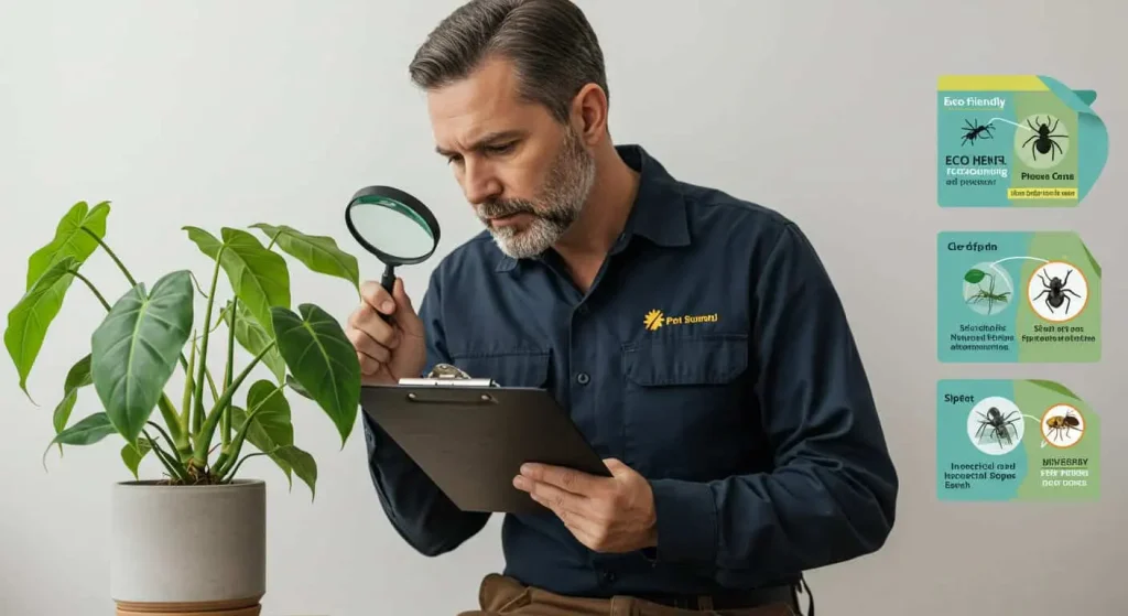 Pest control expert inspecting a houseplant, showcasing professional gnat removal services."