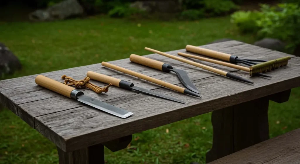 Traditional Japanese garden tools, including a Hori-Hori knife, Nata tool, Kama sickle, and bamboo rake, displayed on a rustic wooden surface with a peaceful garden background.