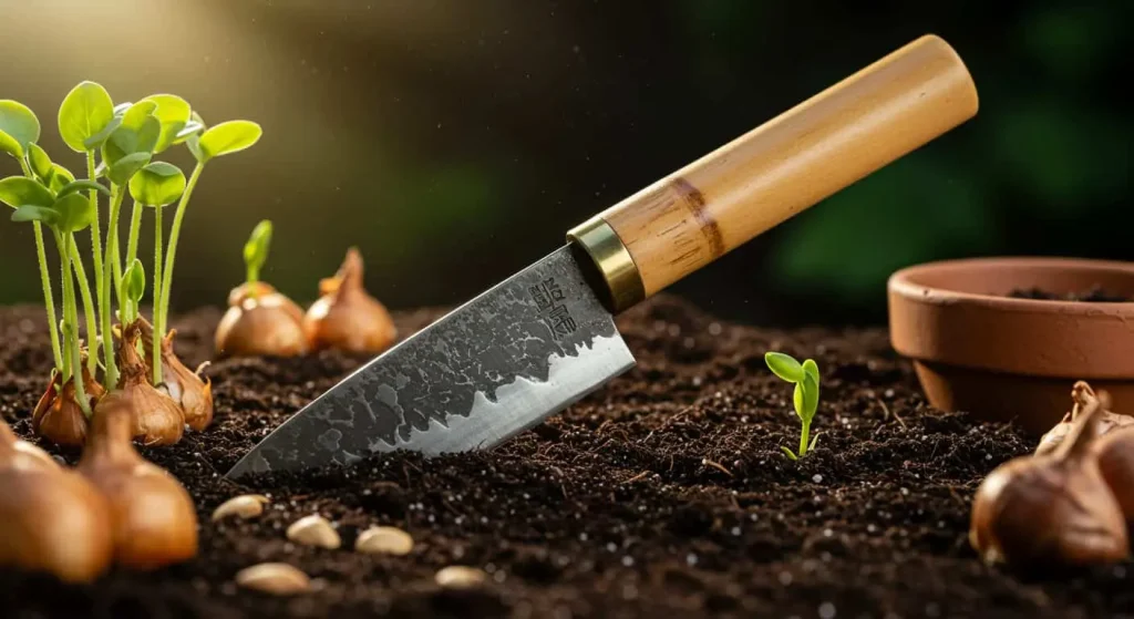 Hori-Hori knife with a sharp blade and bamboo handle resting on soil, surrounded by gardening essentials.