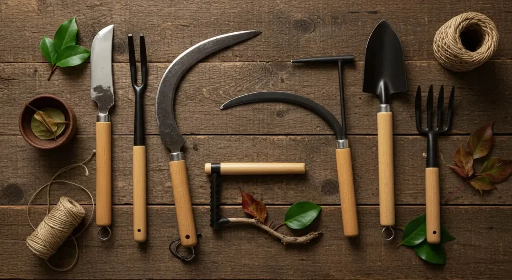 Flat-lay of Japanese garden tools including Hori-Hori knife, Nata tool, Kama sickle, and Nezumi shovel on a wooden surface.