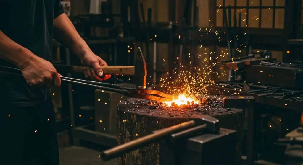 Blacksmith forging a Japanese garden tool in a traditional workshop with sparks flying