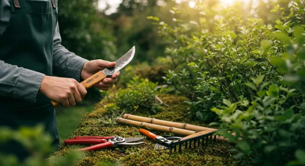 Gardener holding a Hori-Hori knife while examining plants in a lush garden with other tools nearby.