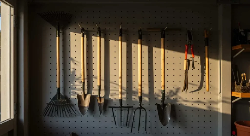 Japanese garden tools hanging on a pegboard with sharpening stone and cleaning supplies on a workbench.