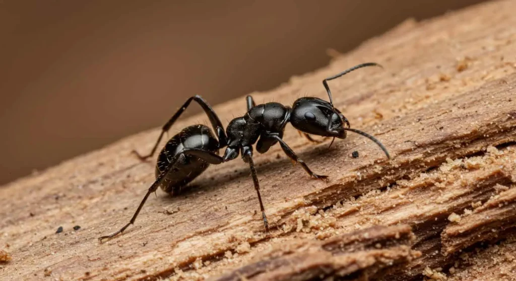 Close-up of a black carpenter ant on damaged wood with sawdust-like frass