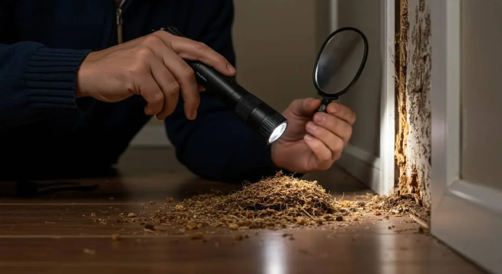 Homeowner using a flashlight to locate a carpenter ant nest