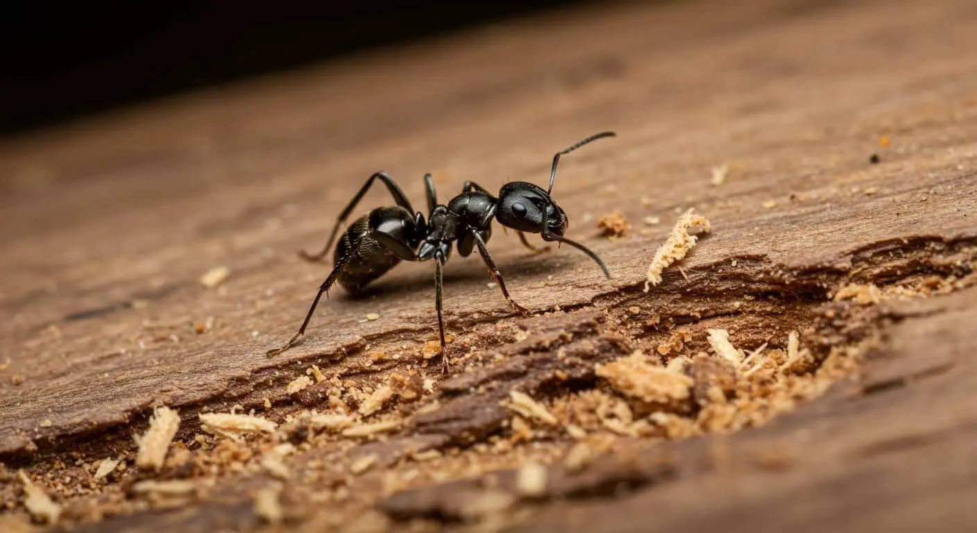 Black carpenter ant on damaged wood with sawdust-like frass