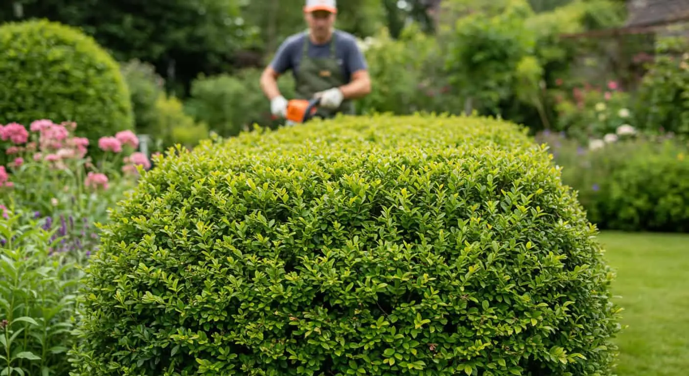 Neatly trimmed bush in a vibrant garden with hedge trimmer