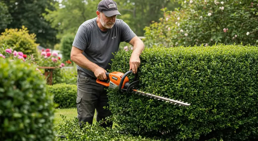 Gardener trimming a bush into a symmetrical shape