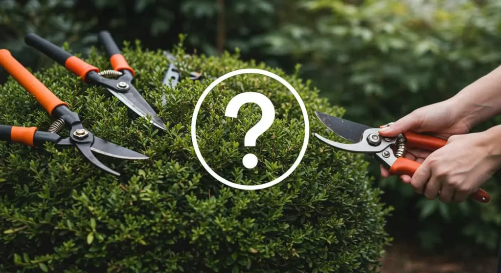 Neatly trimmed bush with gardening tools for FAQ section