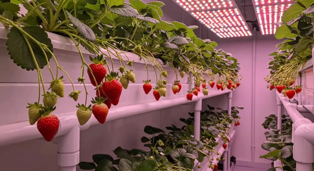 Hydroponic strawberry plants thriving in a modern indoor setup with LED grow lights and a water-based nutrient system.