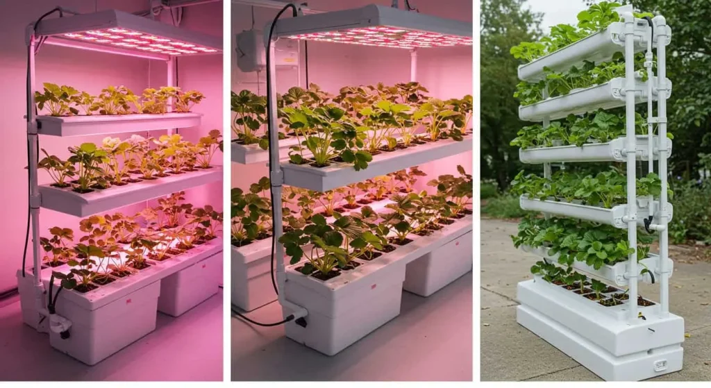 Comparison of DWC, NFT, and vertical farming systems for growing hydroponic strawberries