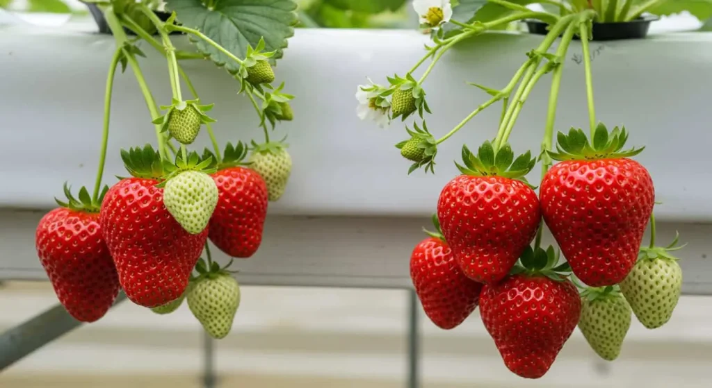 Albion and Seascape strawberry varieties thriving in a hydroponic garden.