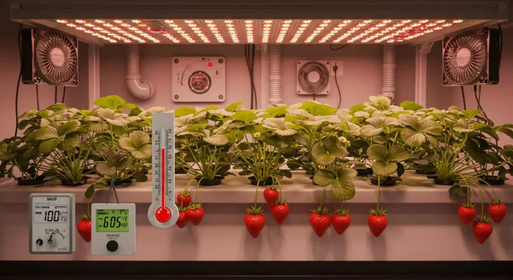 Hydroponic strawberries thriving under LED grow lights with proper temperature and humidity control.