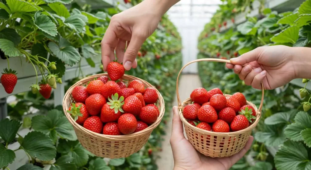 Harvesting ripe strawberries from a scalable hydroponic garden.