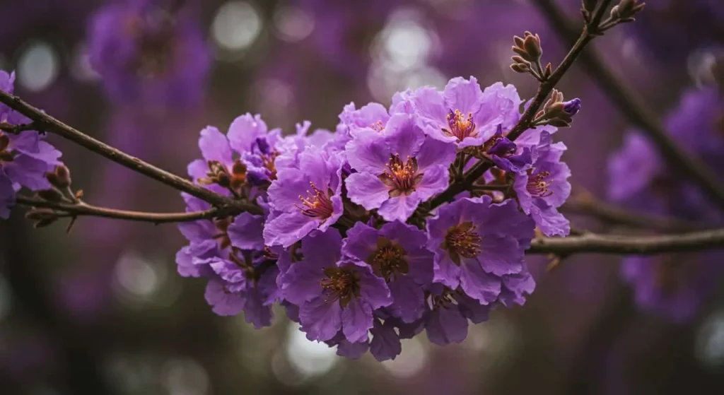 Close-up of purple flowers on a blooming tree branch