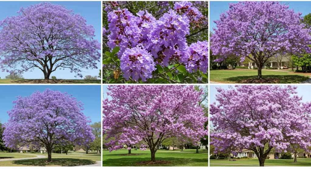 Collage of popular purple-blooming tree varieties: jacaranda, crape myrtle, redbud, and lilac