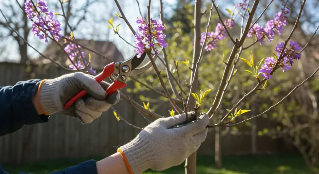 Gardener pruning a healthy purple-blooming tree in a sunny garden