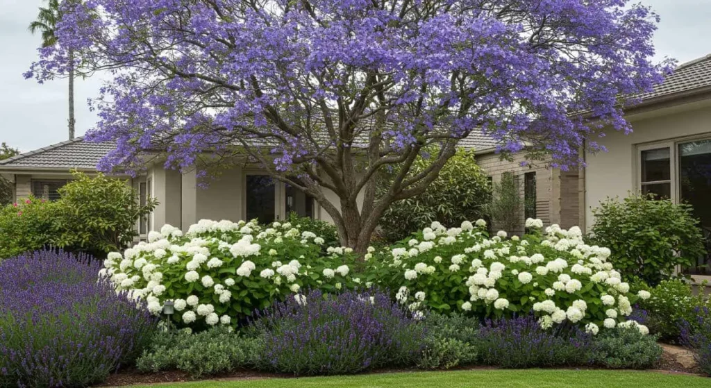 Jacaranda tree as a focal point in a beautifully landscaped garden