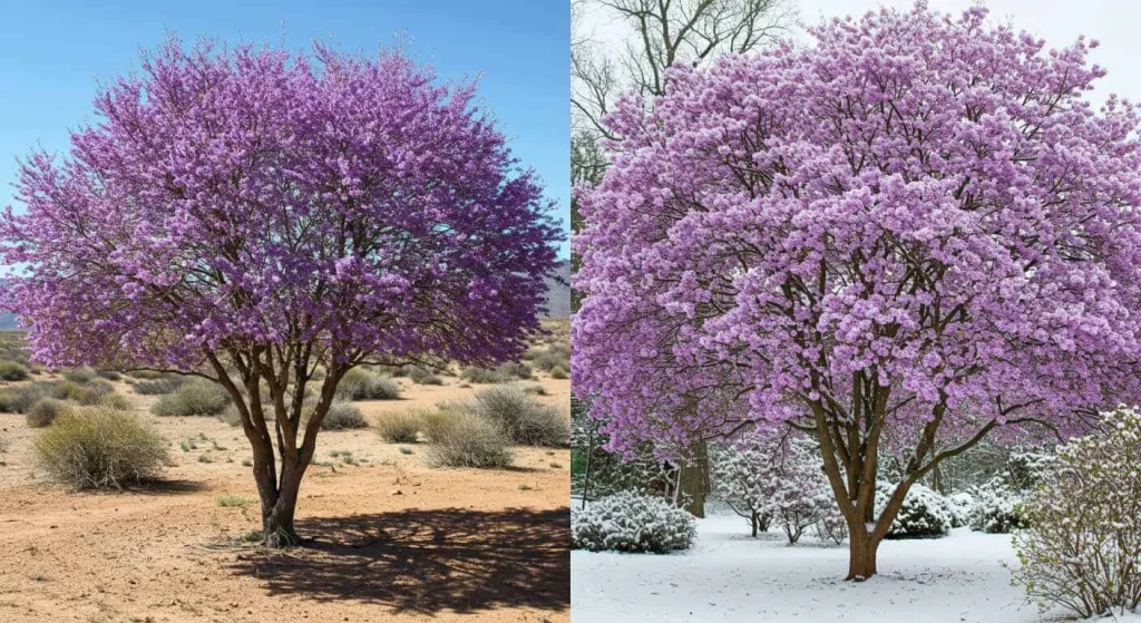 Drought-tolerant desert willow and cold-hardy lilac tree in contrasting climates