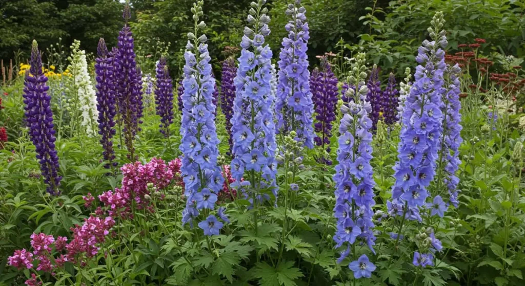 Bella Delphinium in a vibrant garden setting with tall blue and purple flower spikes