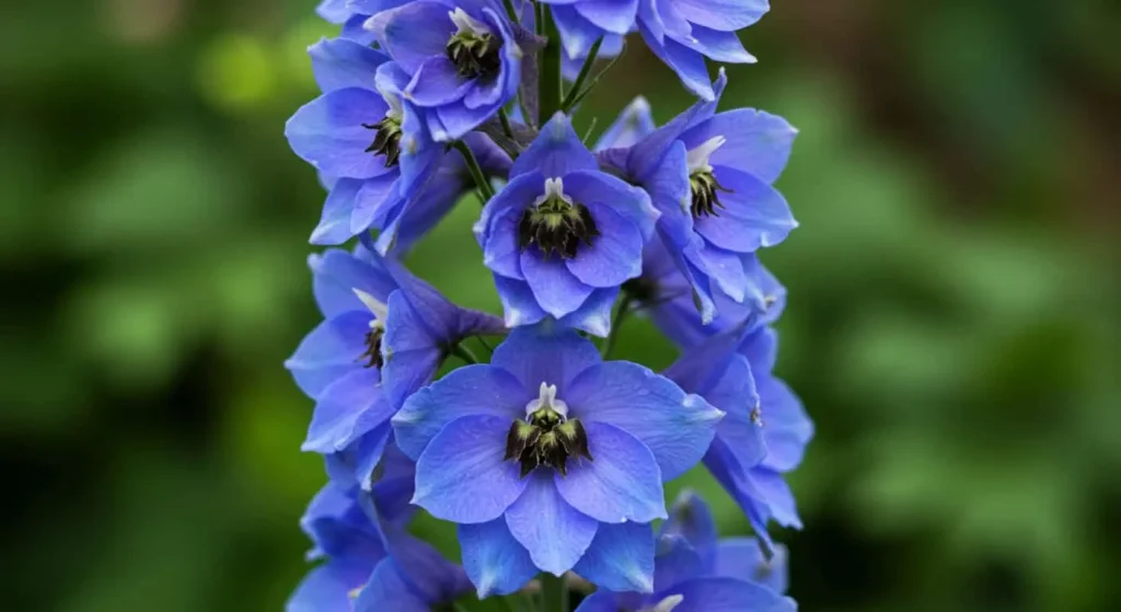 Close-up of Bella Delphinium’s tall blue and purple flower spikes