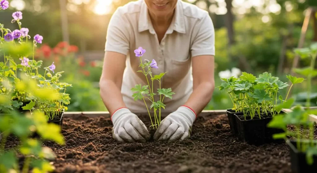 Gardener planting Bella Delphinium seedlings in well-prepared soil