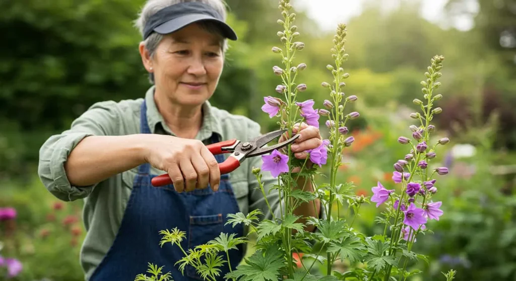 Gardener pruning Bella Delphinium to encourage reblooming