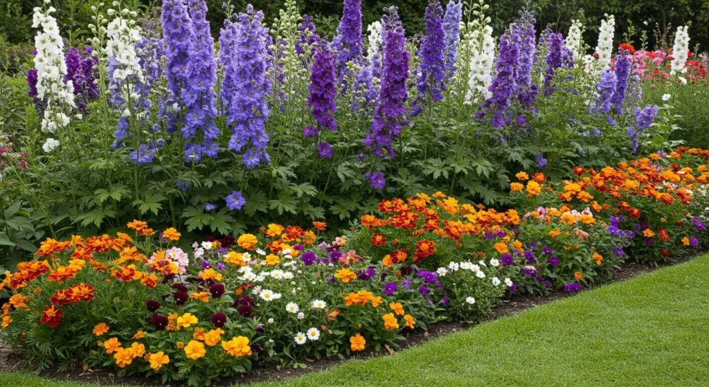 Bella Delphinium used as a backdrop in a layered garden border