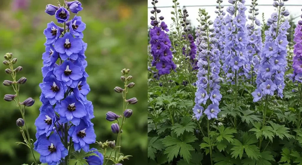 Side-by-side comparison of Bella Delphinium and Belladonna Delphinium