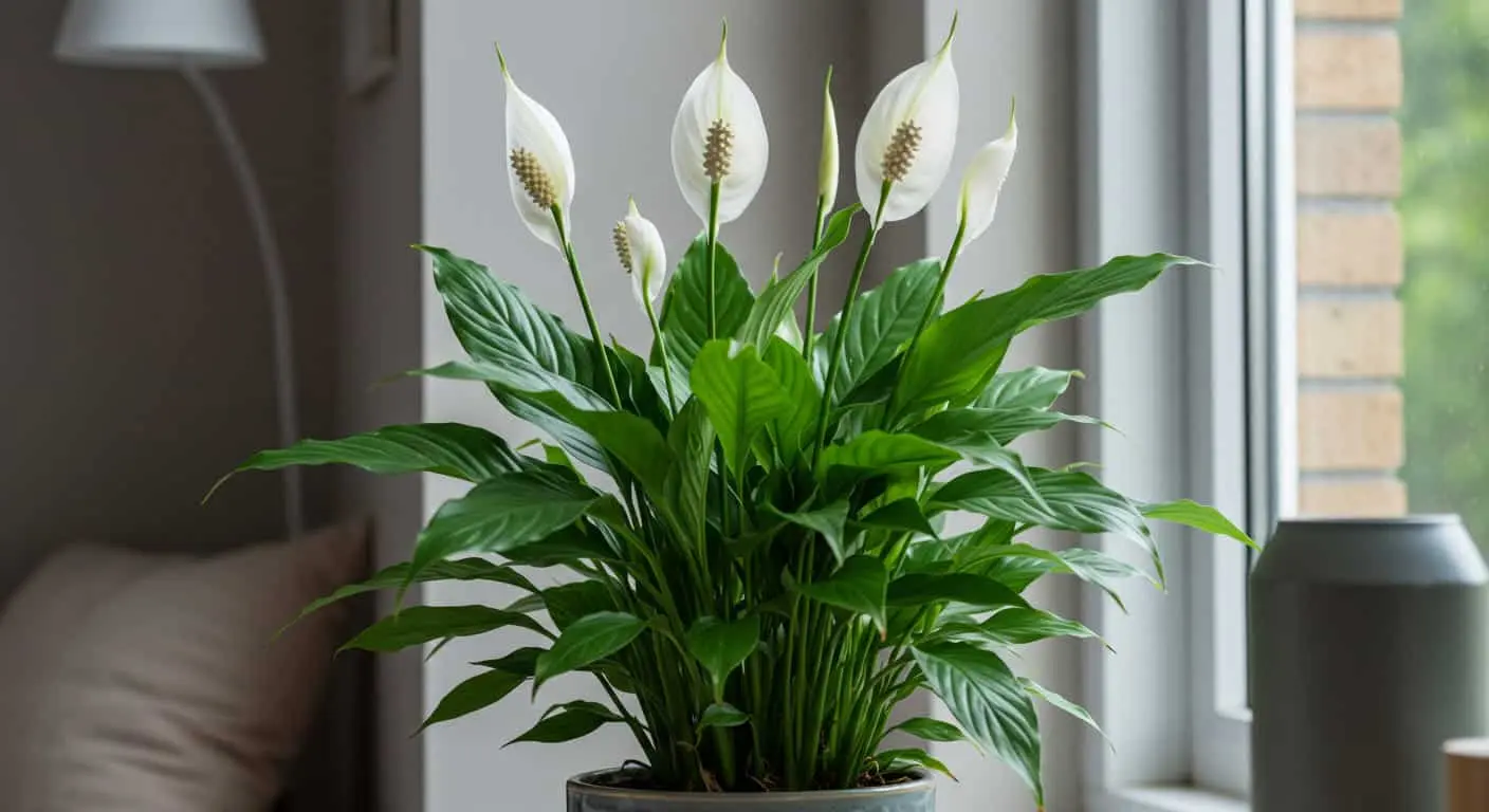 Peace lily plant with white flowers in a modern ceramic pot on a windowsill, symbolizing indoor plant care and tranquility.