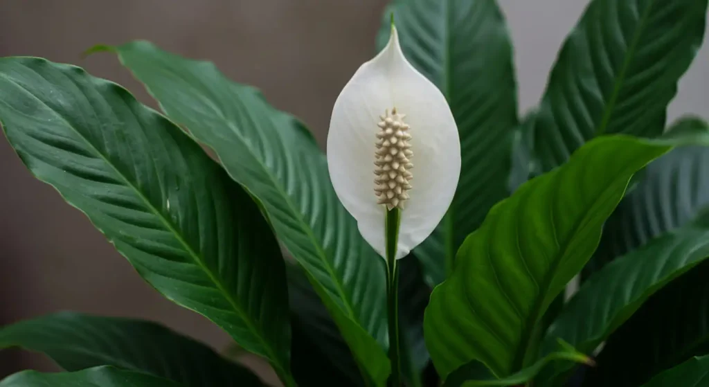 Close-up of a peace lily plant showing its green leaves and white spathe bloom.