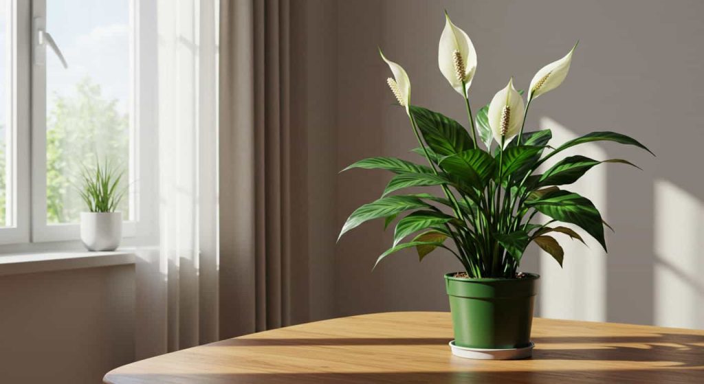 Peace lily plant placed near a window receiving indirect sunlight, demonstrating ideal lighting for care.