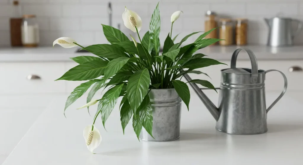 Drooping peace lily plant showing signs of dehydration, with a watering can nearby.